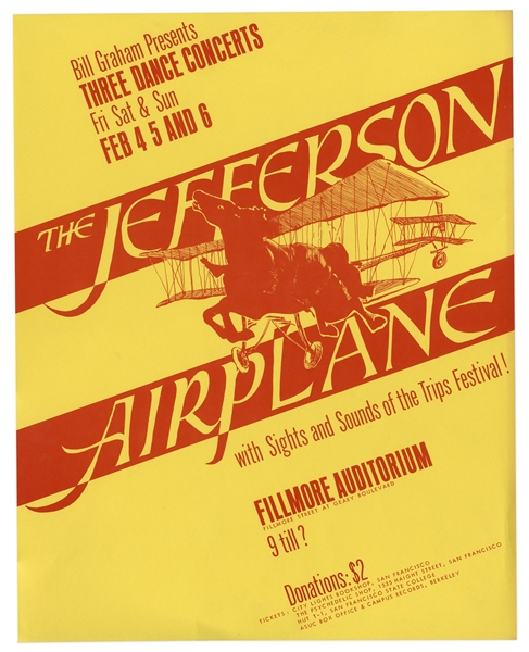 Jefferson Airplane Fillmore Poster by Bill Graham From 1966 -- The First in Grahams Numbered Concert Series -- Near Fine Condition